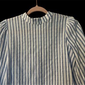 Eva Longoria Striped‎ Blue and White Women's puff sleeve Blouse